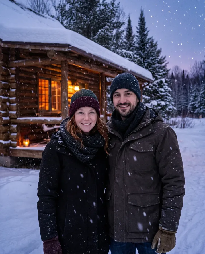 The same couple in winter coats and knit hats outside a snowy log cabin at dusk