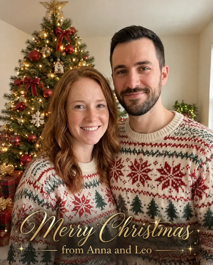 Another Christmas card of the couple with gold lettering in a different style