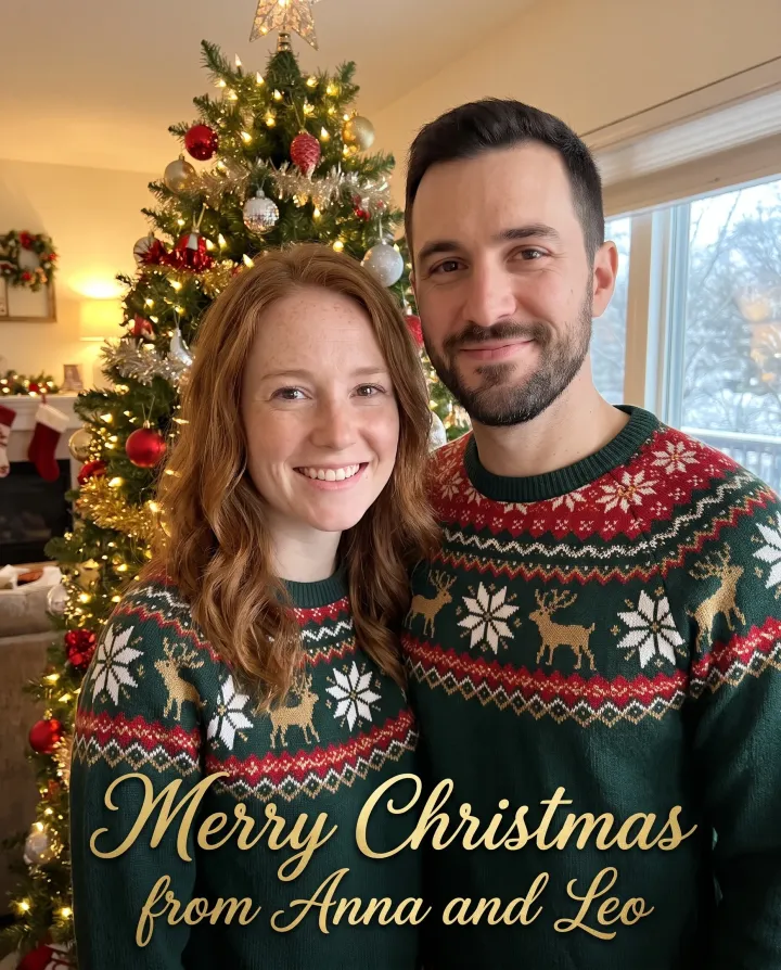A Christmas card of the couple by a tree with the words Merry Christmas from Anna and Leo in gold