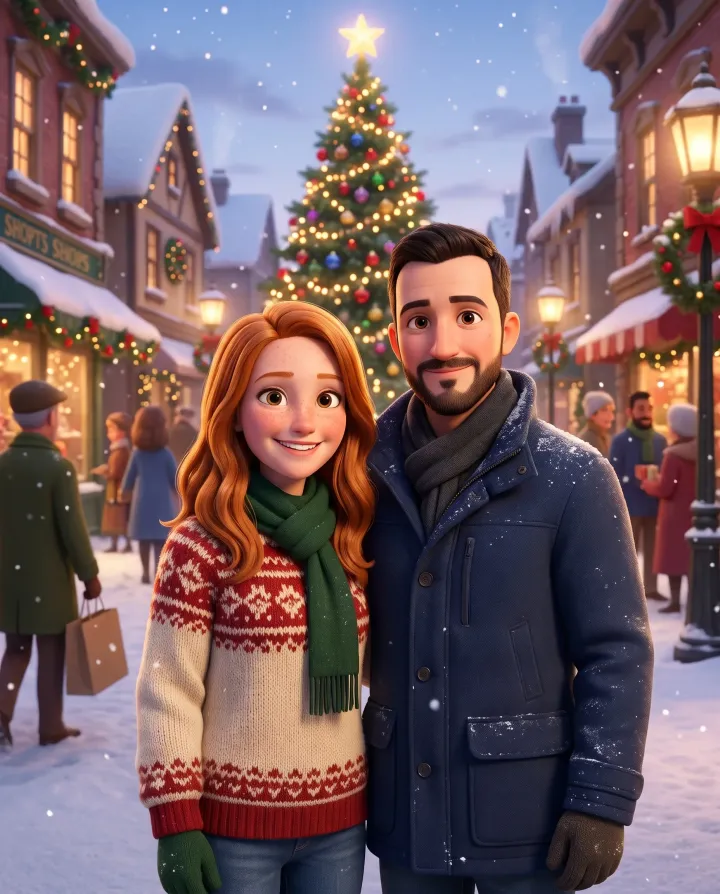 The same couple as 3D animated characters in a snowy town square with a Christmas tree