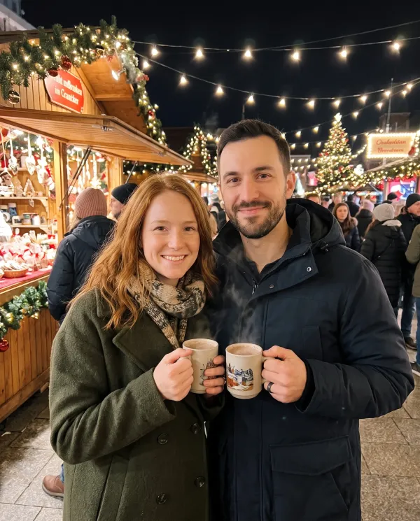 The same couple at a Christmas market at night holding mugs of hot cocoa