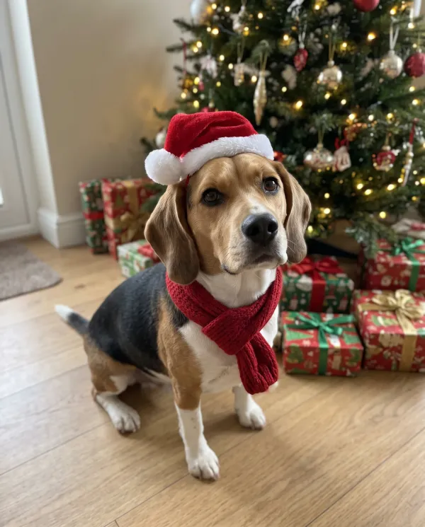 The same beagle in a Santa hat and red scarf by a Christmas tree with presents