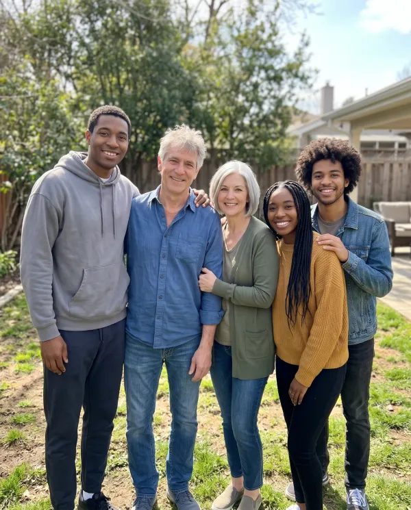 Five adults from one family standing together in a sunny backyard