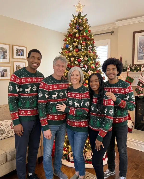 The same five adults in matching Christmas sweaters in front of a decorated tree