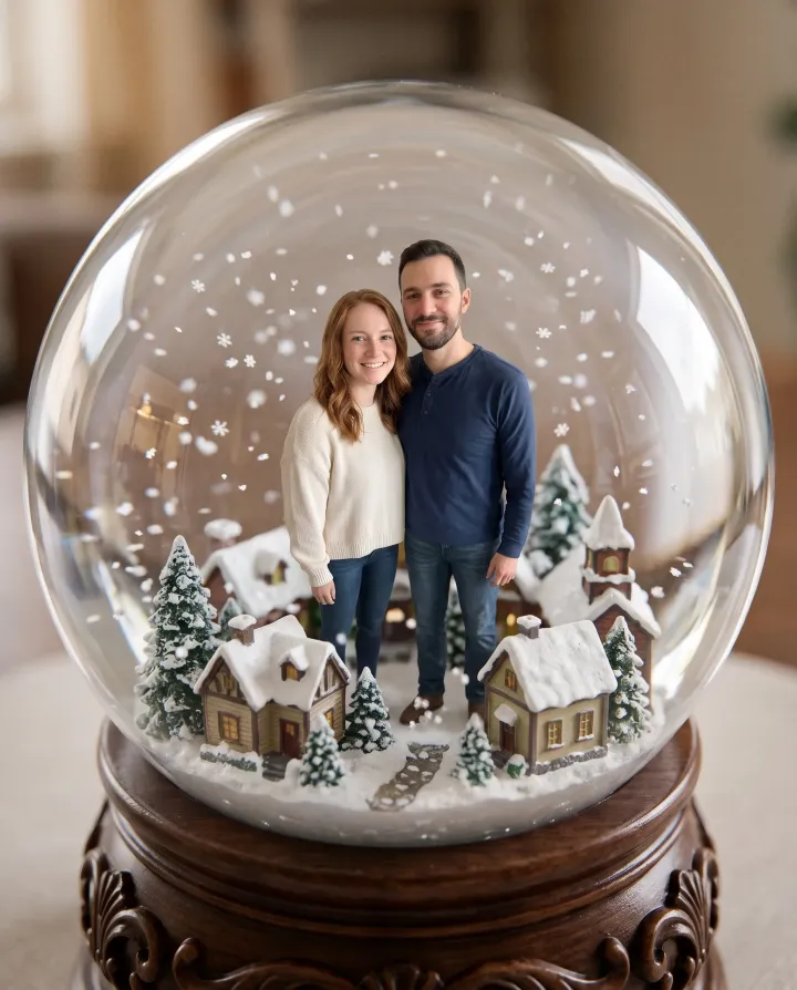 The same couple standing inside a snow globe with a tiny snowy village