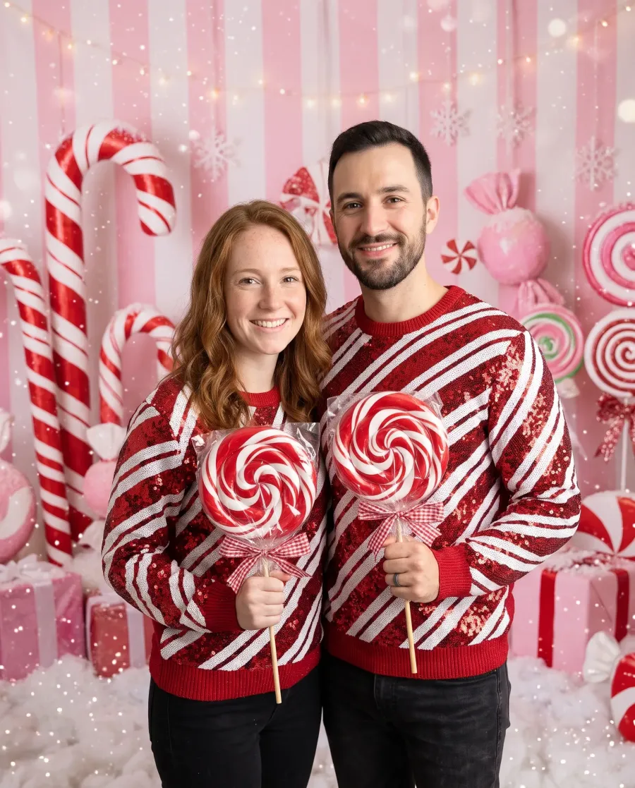 The same couple in red and white sequin outfits with giant lollipops in a pink candy cane studio