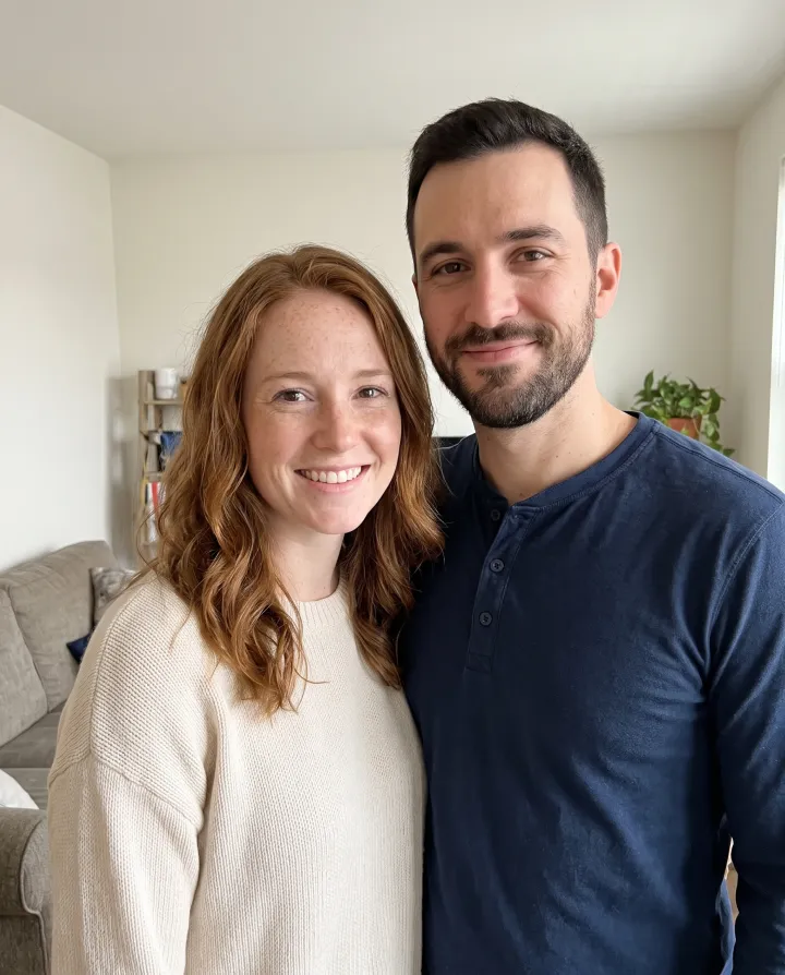 a couple in their early 30s, a woman with wavy auburn hair and a man with a trimmed beard, in plain sweaters in an ordinary living room