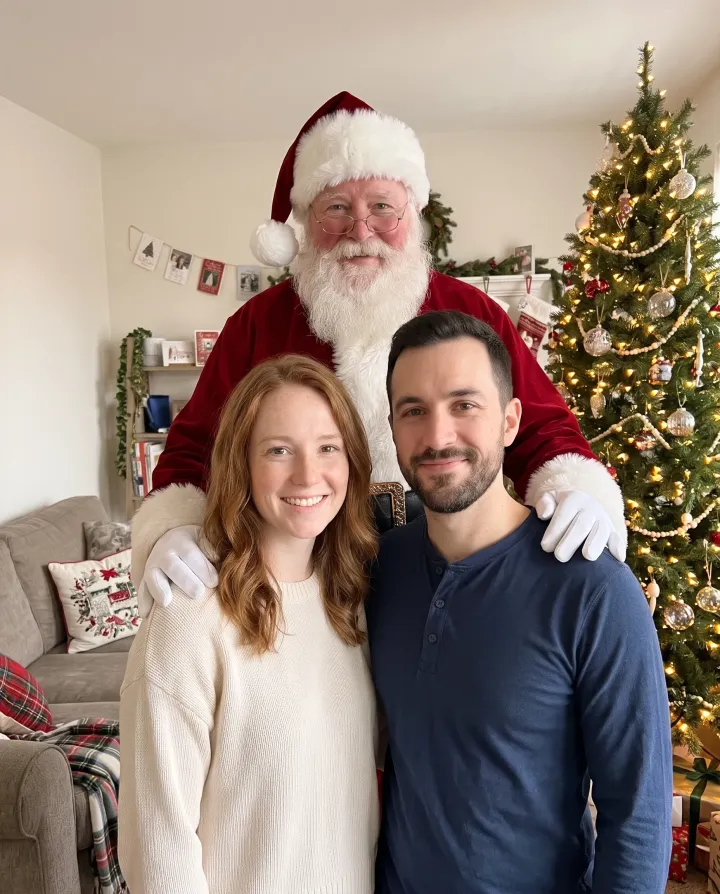 The same couple with Santa Claus standing behind them in a living room with a Christmas tree