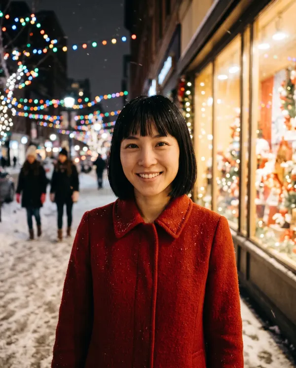 The same woman in a red wool coat on a snowy street with Christmas lights
