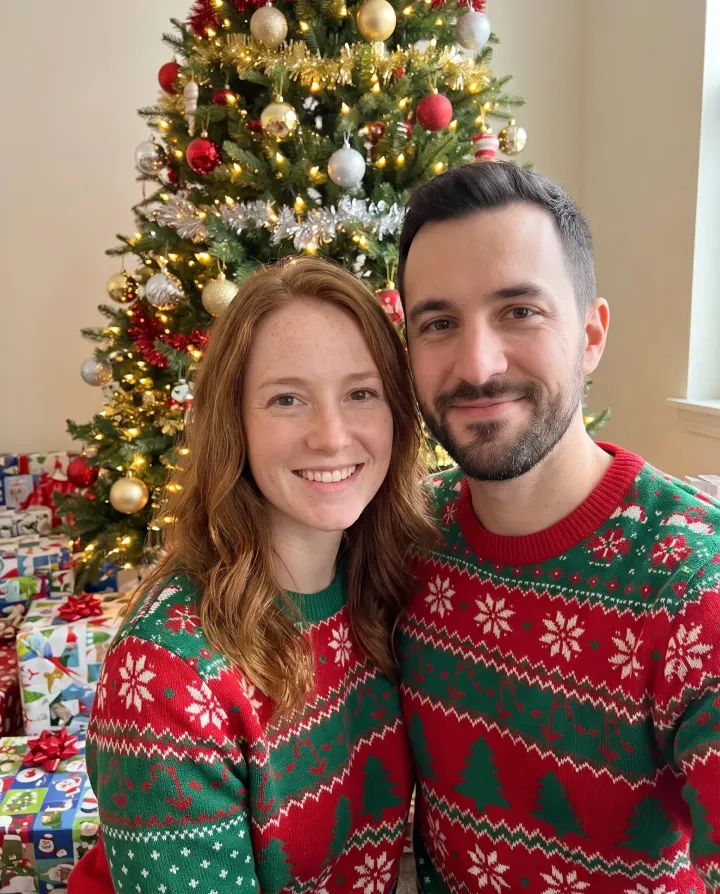 The same couple in matching Christmas sweaters in front of a lit tree with presents