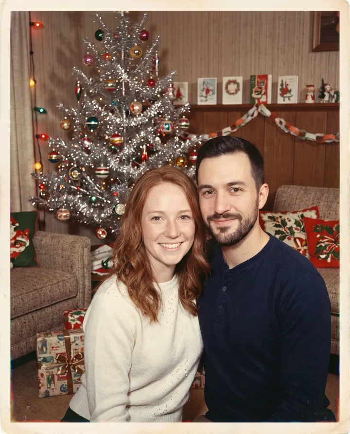 The same couple in a faded 1950s style photo with a silver tinsel tree