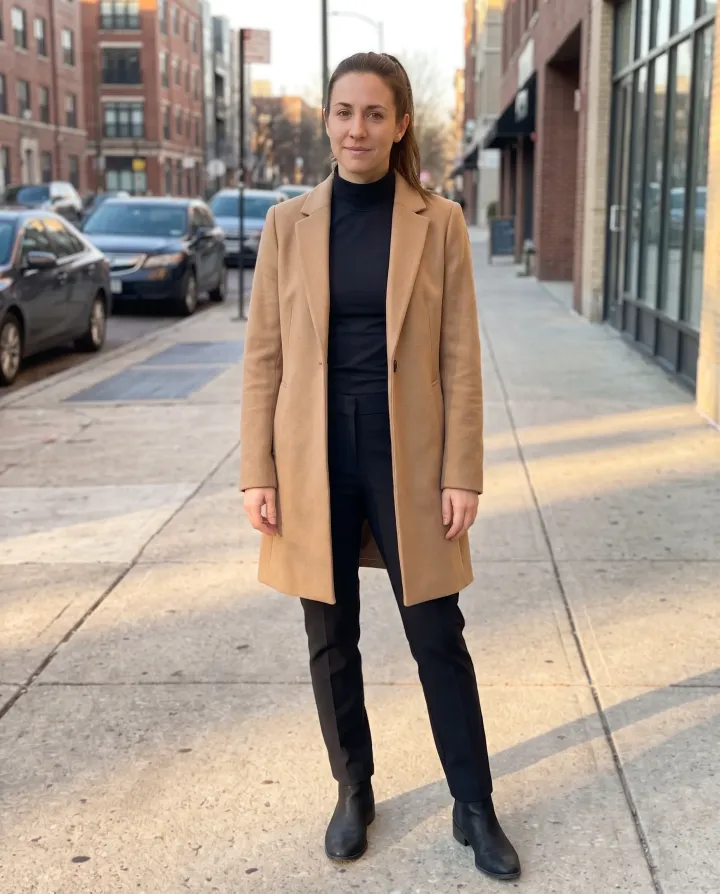 A woman in a camel wool coat and black clothes on a city sidewalk