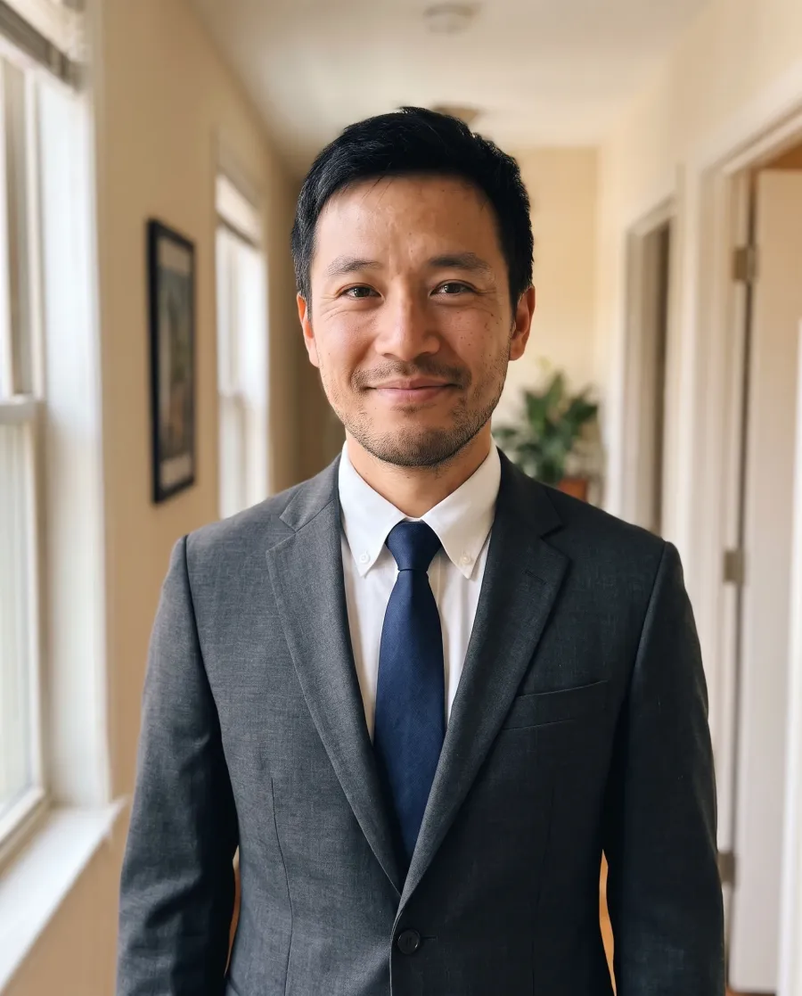The same man in a charcoal grey suit, white shirt and navy tie in his apartment hallway
