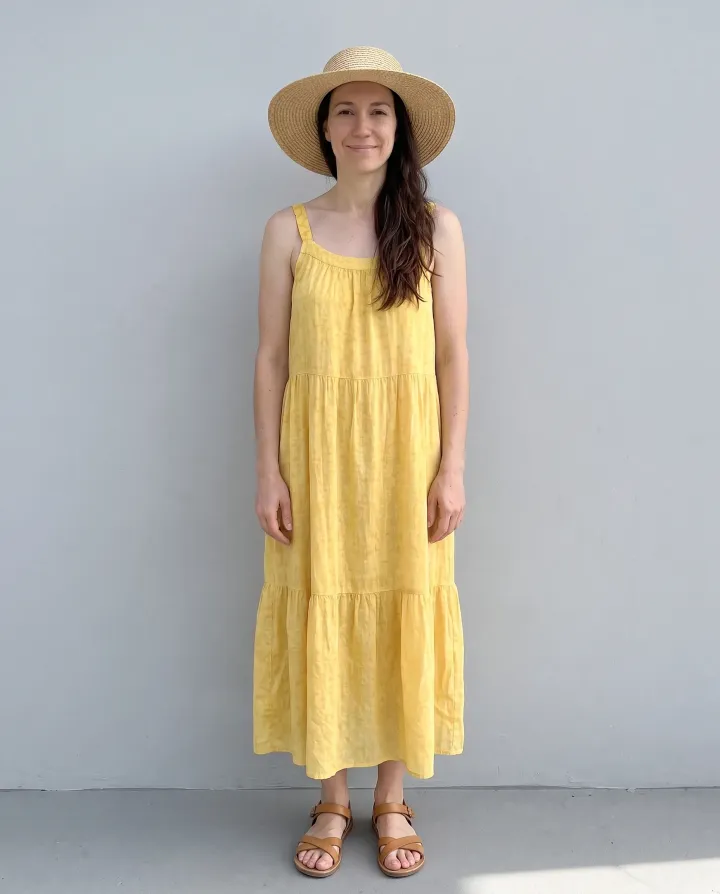 The same woman in a yellow sundress, a straw hat and sandals