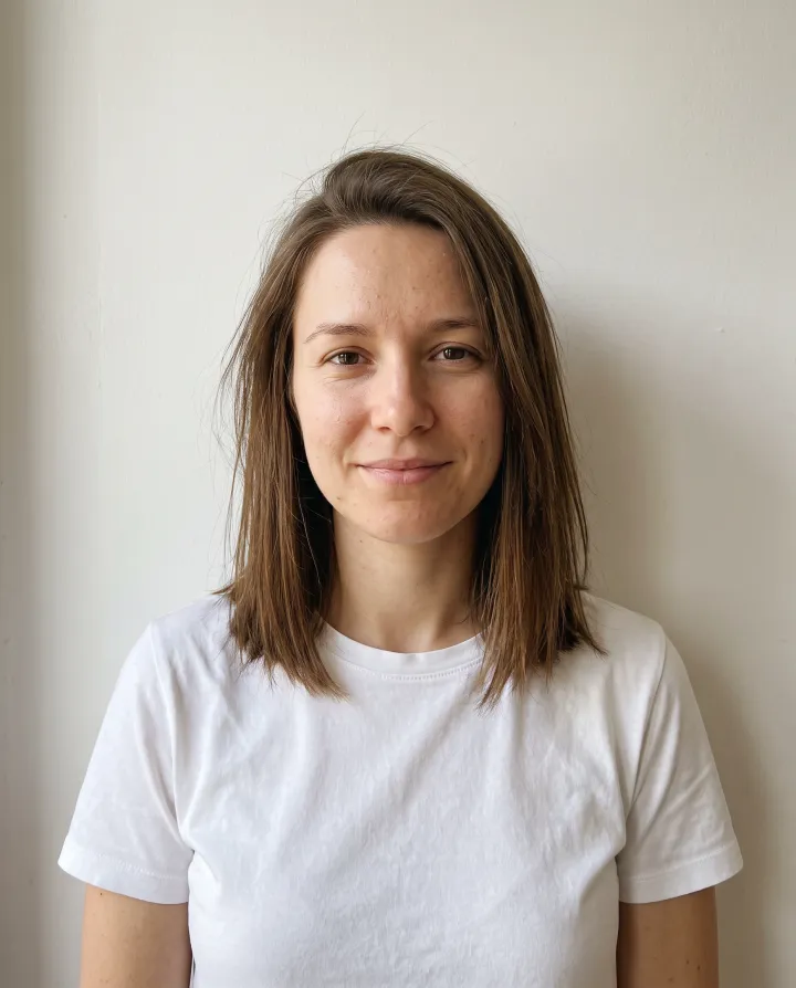 A woman with shoulder-length straight brown hair in a white t-shirt against a light wall