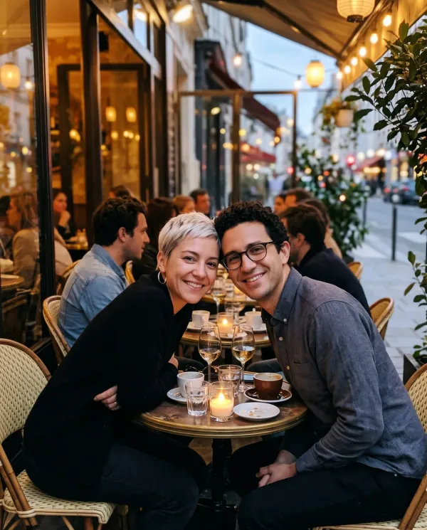 The woman and the man together at a cafe table on a terrace in the evening