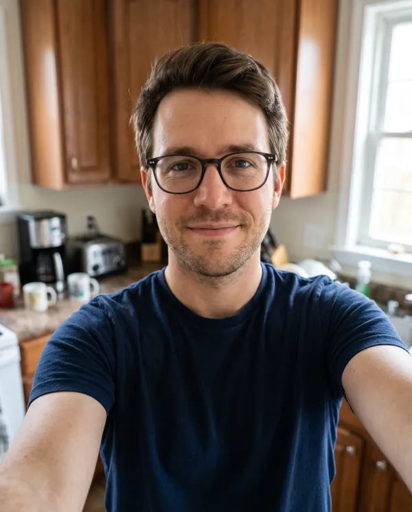 A selfie of a man with glasses in his kitchen