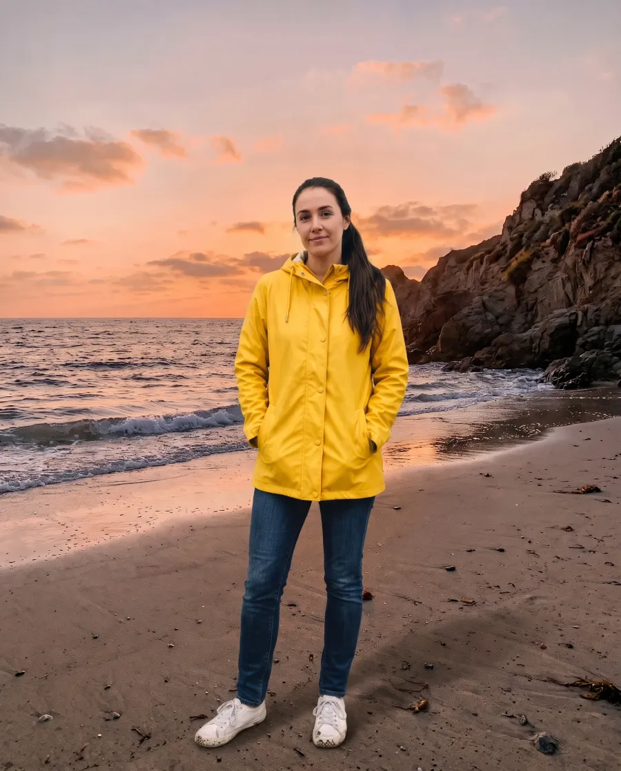 The woman in the yellow raincoat standing on a sandy beach at sunset