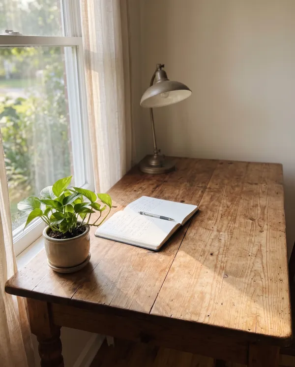 A wooden desk by a window with a plant, a notebook and a lamp