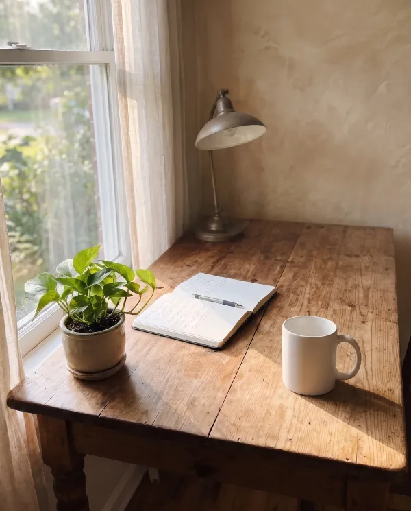 The white mug standing on the desk by the window in morning light