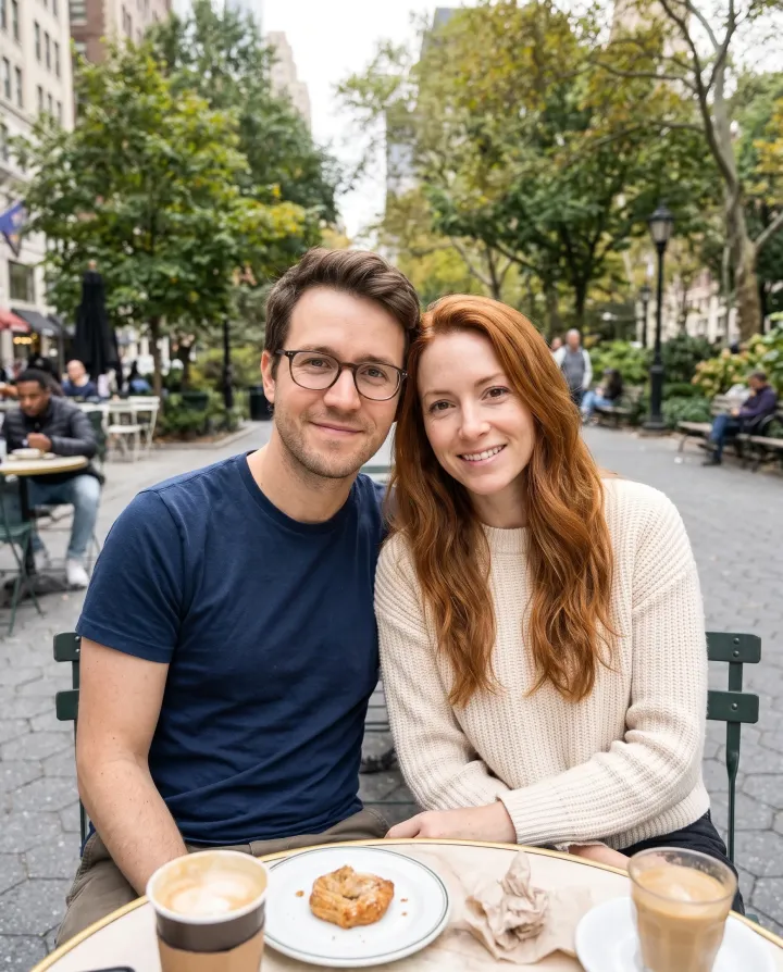 The man and the woman from the two selfies sitting together at a cafe table