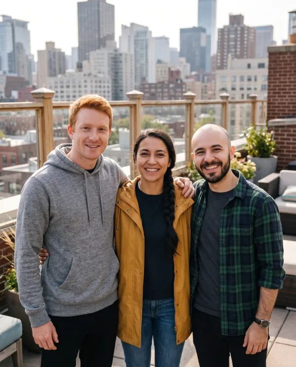 The three of them together on a rooftop terrace with the city behind them