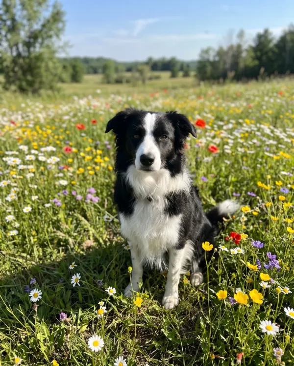 The same border collie sitting in a meadow full of wildflowers