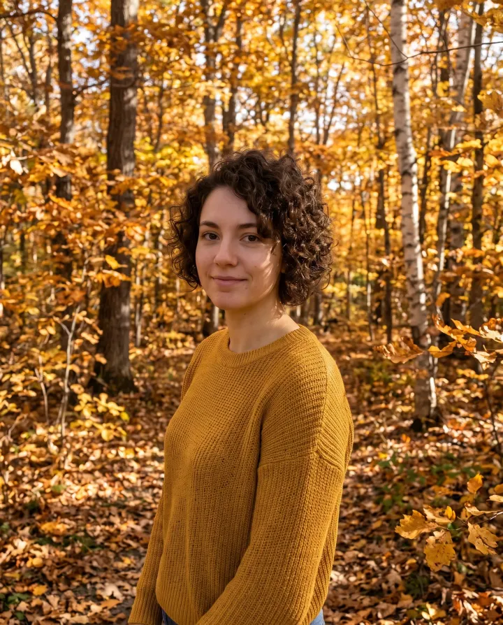 The woman in an autumn forest with golden leaves