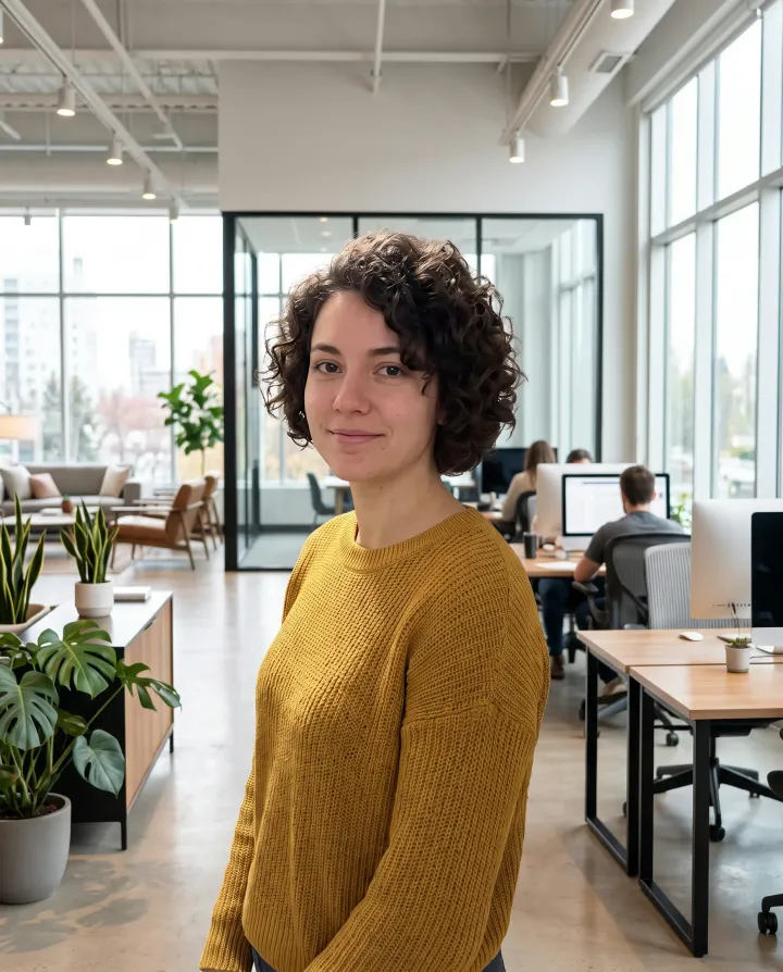 The woman in a bright modern office with large windows