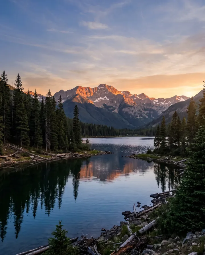 A calm mountain lake at sunset with pine trees on the shore