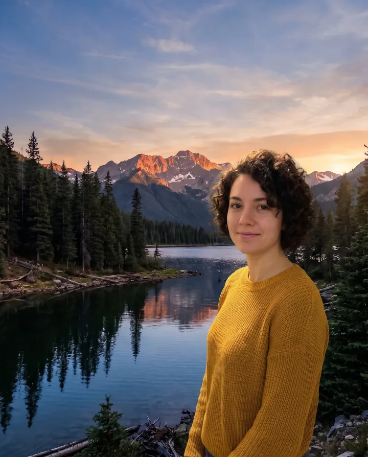 The woman in the mustard sweater standing by the mountain lake at sunset