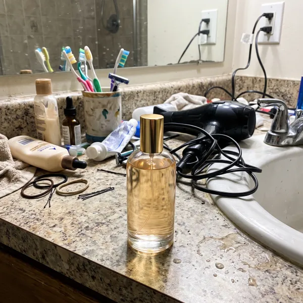 A perfume bottle on a cluttered bathroom counter