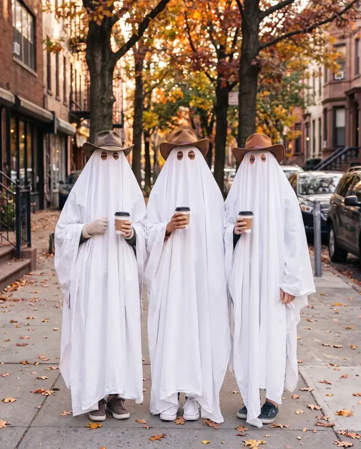 three women friends with takeaway coffee on an autumn city sidewalk, as white sheet ghosts in brown cowboy hats