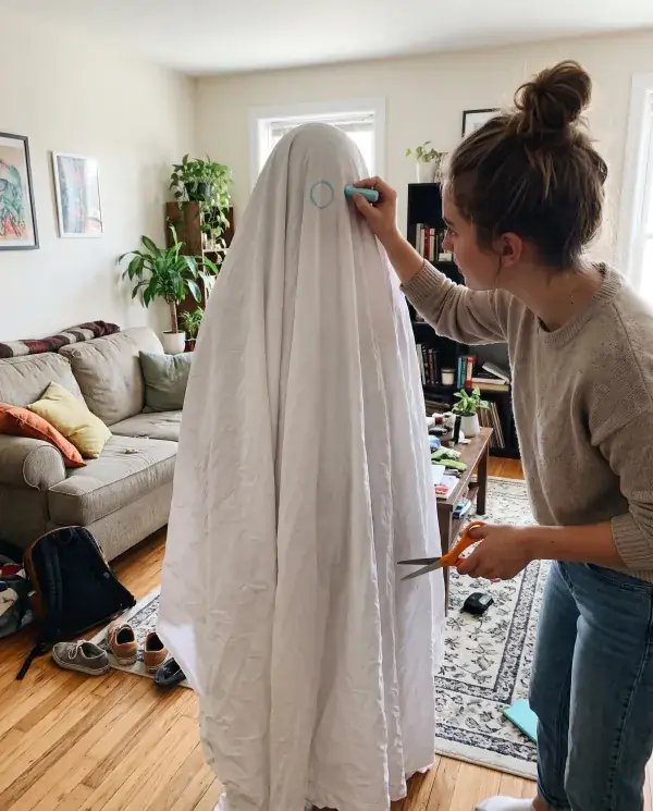 A friend marking two chalk circles over the eyes of a woman covered in a white sheet