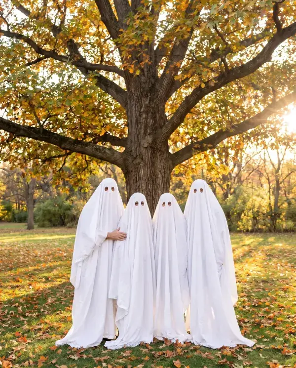 A family of four as sheet ghosts standing in a row under an oak tree