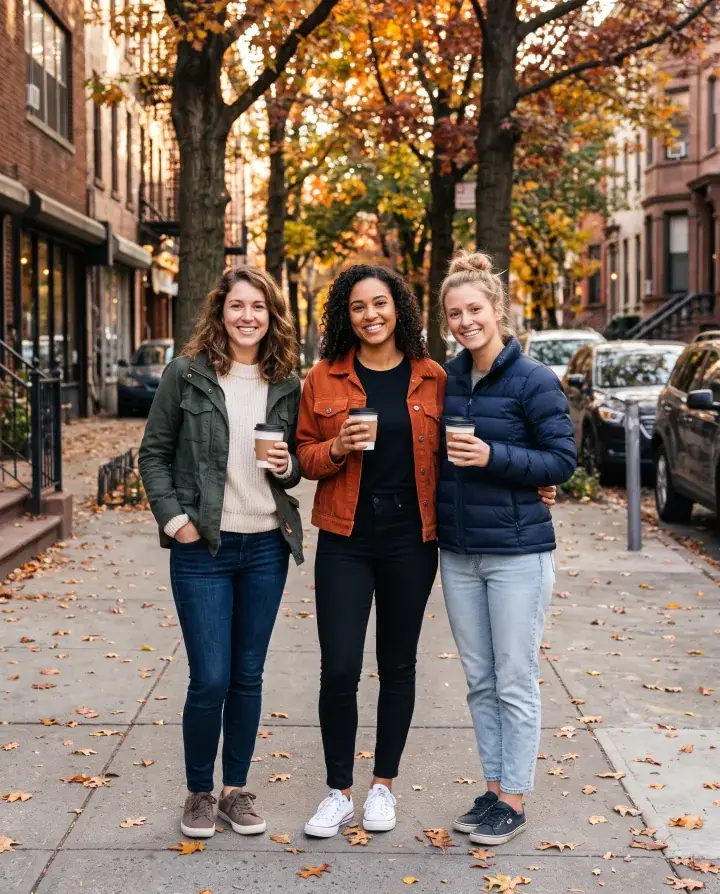 three women friends with takeaway coffee on an autumn city sidewalk