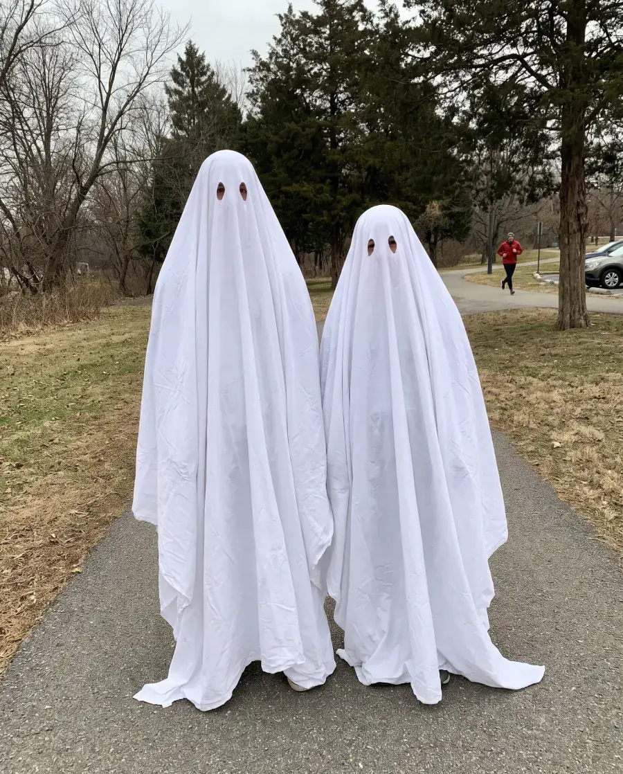 A real ghost photoshoot: two people in creased white sheets, flat grey light, a jogger and a car behind