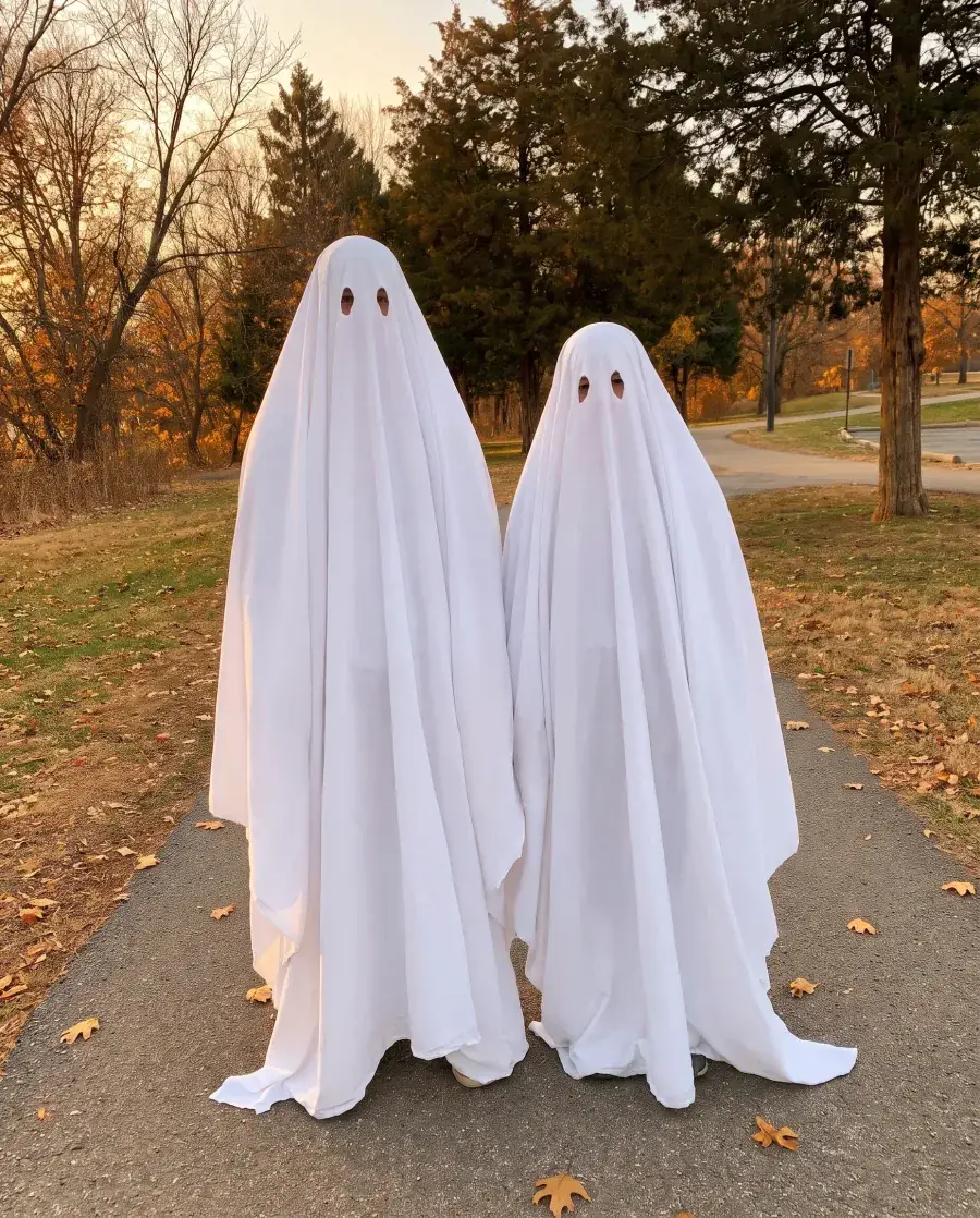 The same ghost photo after the edit: smooth sheets, golden light, leaves on the path and no one behind
