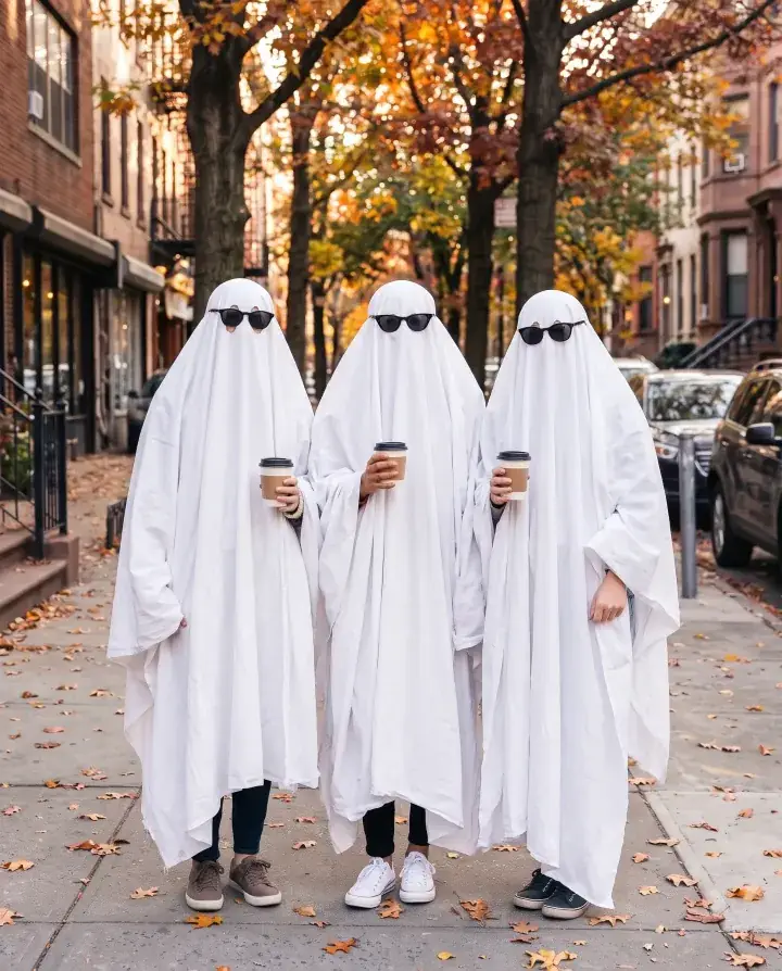 three women friends with takeaway coffee on an autumn city sidewalk, as white sheet ghosts wearing black sunglasses