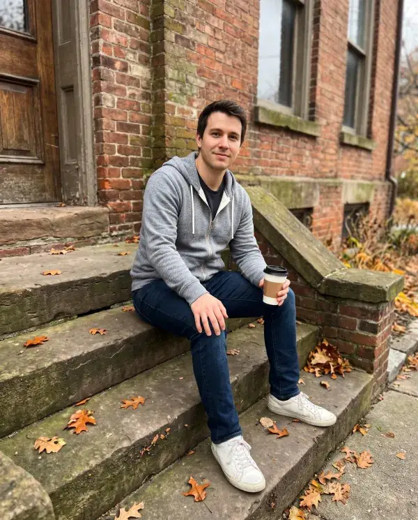 A man in a grey hoodie with a coffee on the stone steps of a brick building