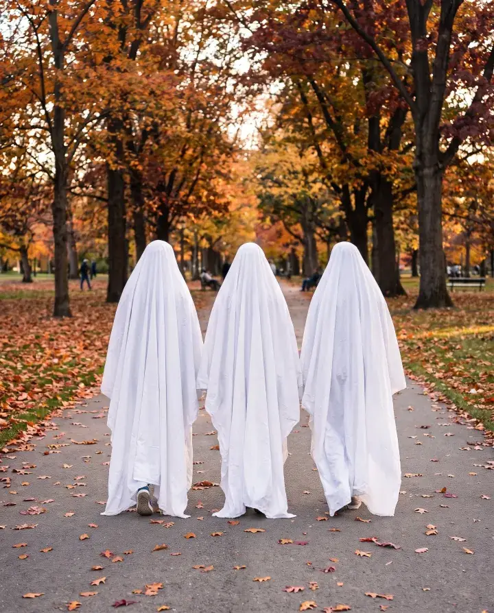 Three sheet ghosts walking away down a park path covered in orange leaves