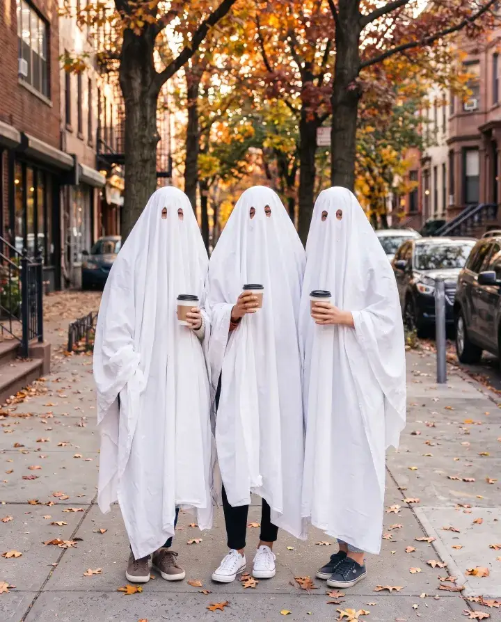 three women friends with takeaway coffee on an autumn city sidewalk, as ghosts in plain white sheets