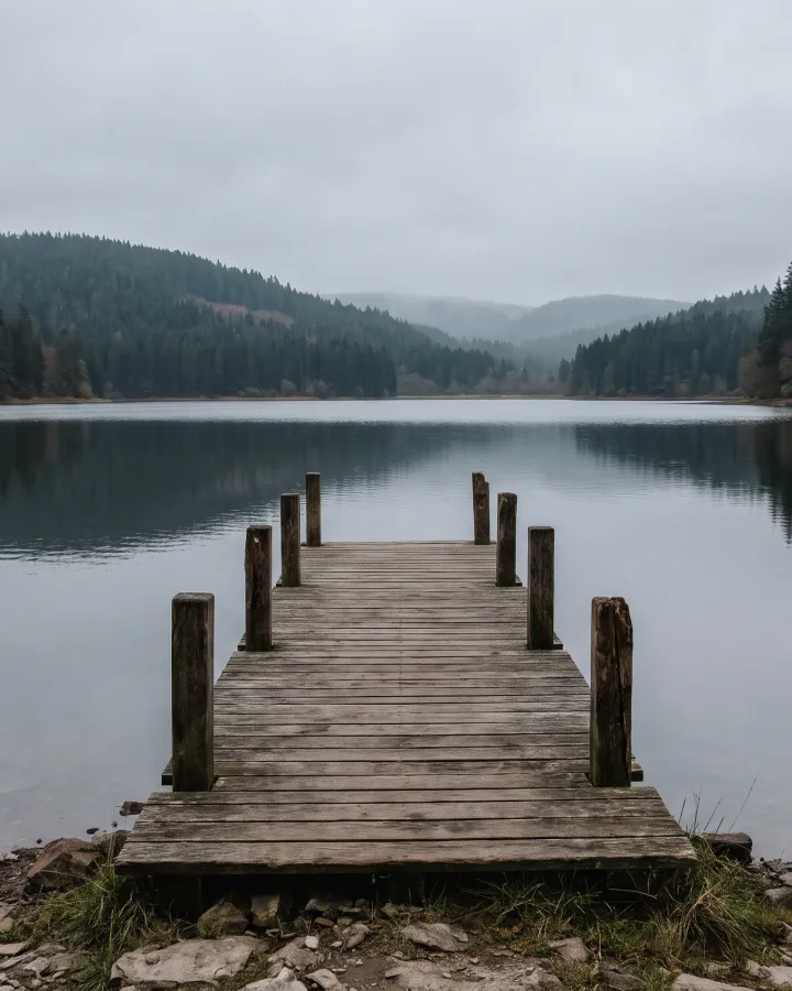 A lake with a wooden pier under a flat grey sky