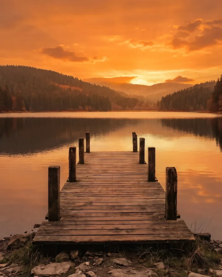 The same lake and pier under a dramatic orange sunset reflected in the water