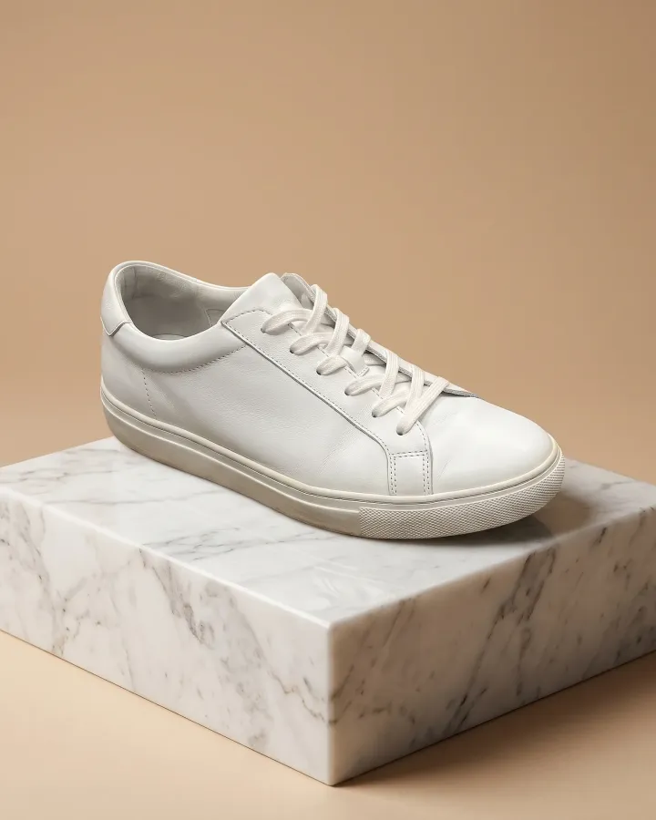 The same white sneaker on a white marble pedestal against a plain beige background