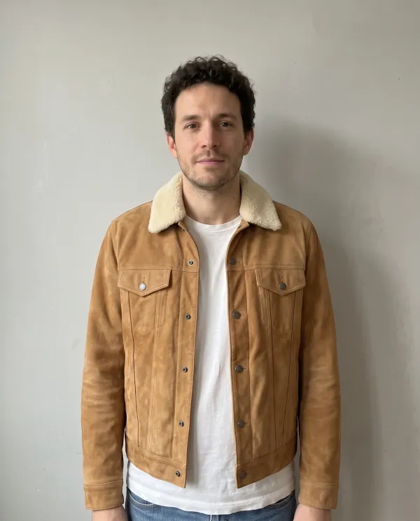 The same man wearing the tan suede jacket