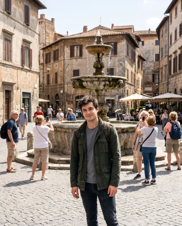 A man in a green jacket by a fountain in a busy town square full of tourists