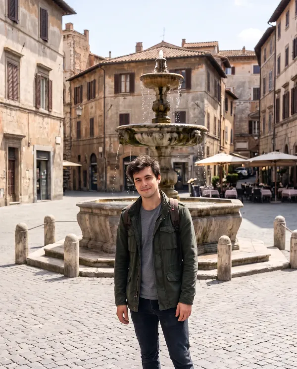The same man by the fountain with the square empty behind him