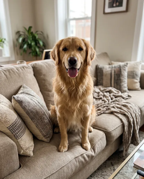 A golden retriever sitting on a beige living room sofa