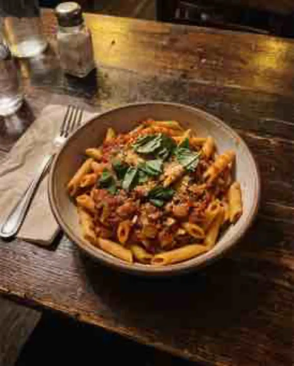 A blurry, low-resolution photo of a bowl of pasta with basil on a wooden table
